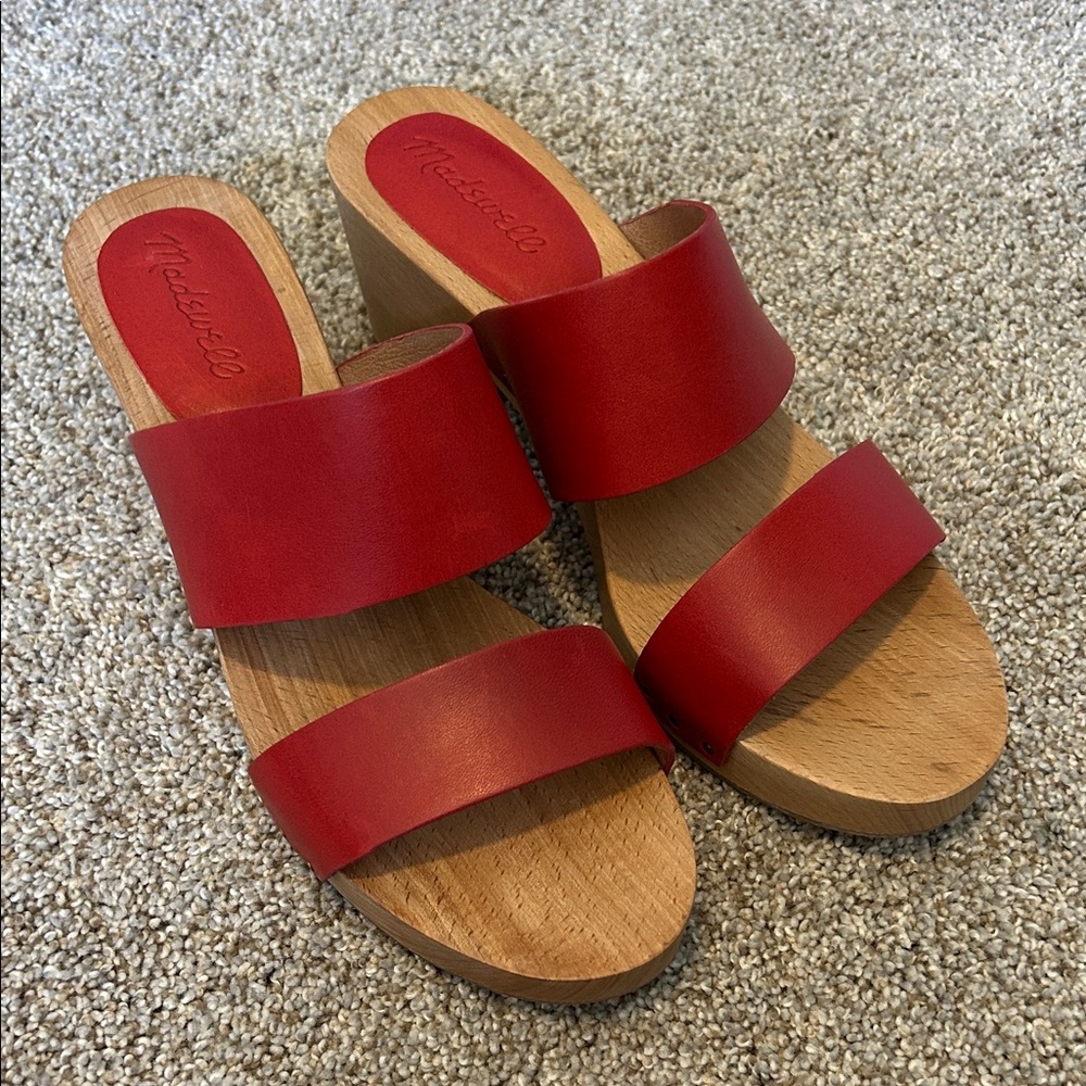 Madewell The Clara Clog Sandals Red Double-Strap Wood Block Heel Mules 9 - Picture 2 of 7